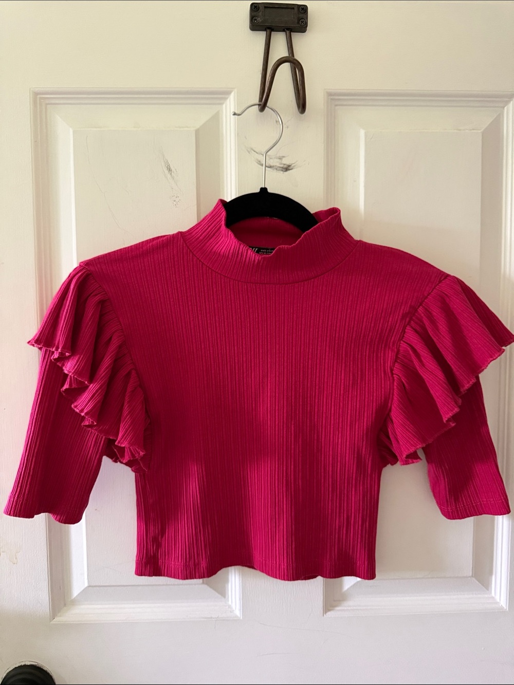 Zara Pink Ruffled Sleeve Mock Neck Crop Top